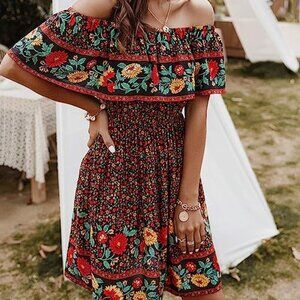 BOHO off the shoulder ruffle floral mini spring dress women’s size large